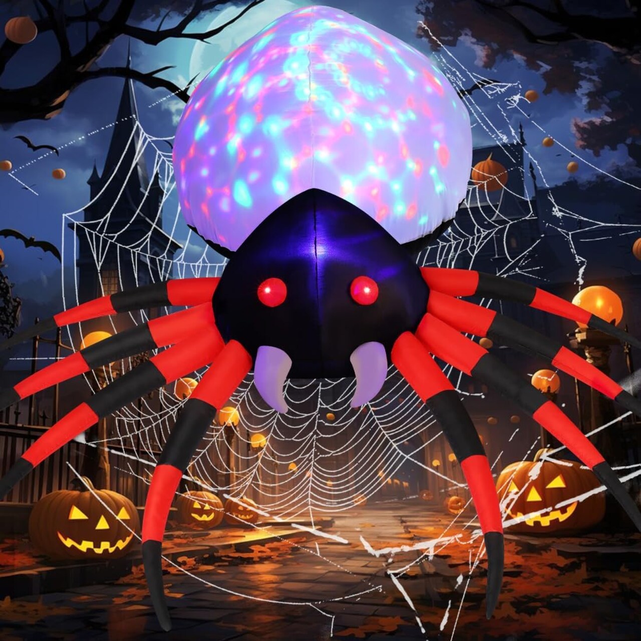 GOOSH 8 FT Width Halloween Inflatables Spider with Magic Light, Blow Up Yard Decoration